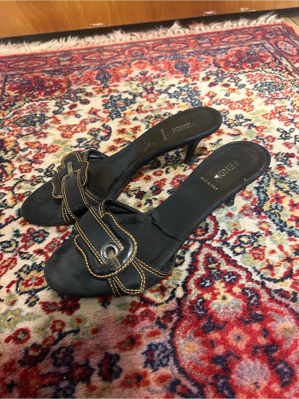 2000s Fendi Black Patent Leather and Canvas Kitten Heels with Statement Buckle